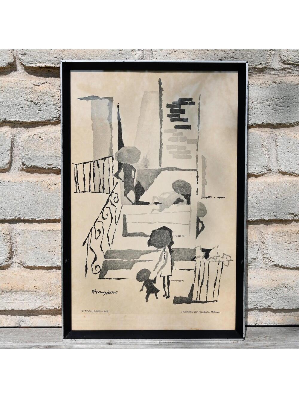 Vintage Illustrator Stan Fraydas City Children Stoop Framed Print 1970s B&W MCM